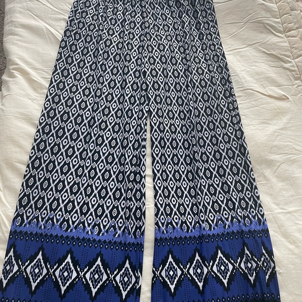 Women's Blue Patterned Wide-Leg Jumpsuit Pants